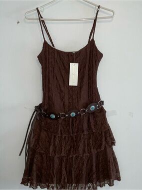 THIRTY THIRTY BROWN SPAGHETTI STRAP TIERED MINI DRESS CONCHO BELT Jr. SIZE S NWT